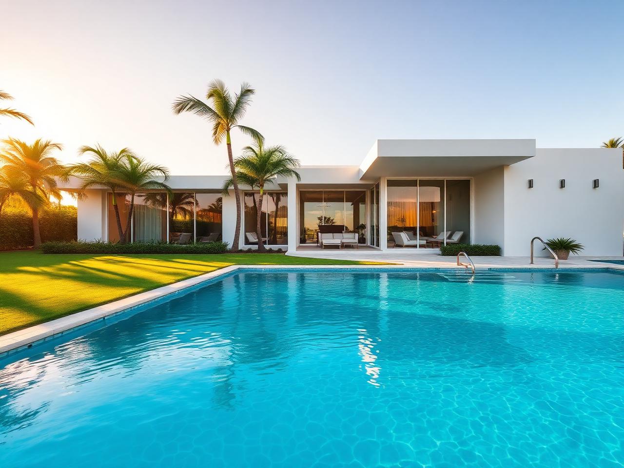 Modern Miami home with pristine pool and lawn